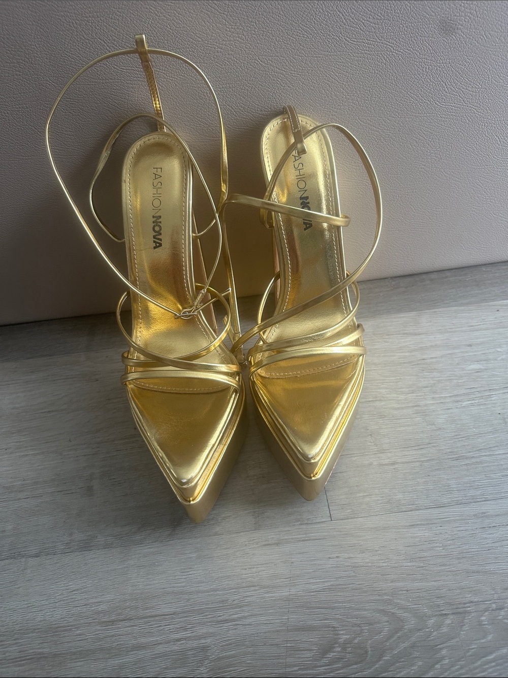 Fashion Nova Metallic Gold Lace-Up Pointed Platform Heels